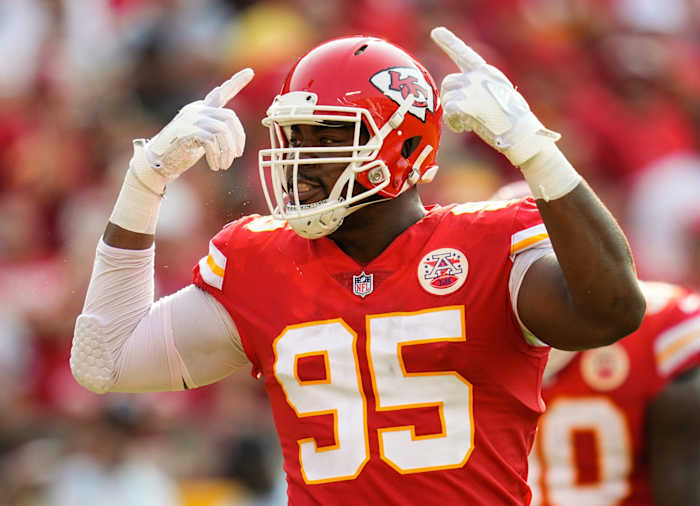 Sep 12, 2021; Kansas City, Missouri, USA; Kansas City Chiefs defensive end Chris Jones (95) reacts during the first half against the Cleveland Browns at GEHA Field at Arrowhead Stadium. Mandatory Credit: Jay Biggerstaff-USA TODAY Sports